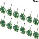 Tropical Leaf Decorative Shower Curtain Hooks Green Botanical Shower Curtain Rings, Resin, Monstera Deliciosa Leaves Shower Curtain Hangers for Bathroom, Set of 12