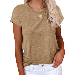 Cicy Bell Women's Short Sleeve Shirts Crewneck Loose Casual Summer Basic Tees Tops (Medium, Khaki)