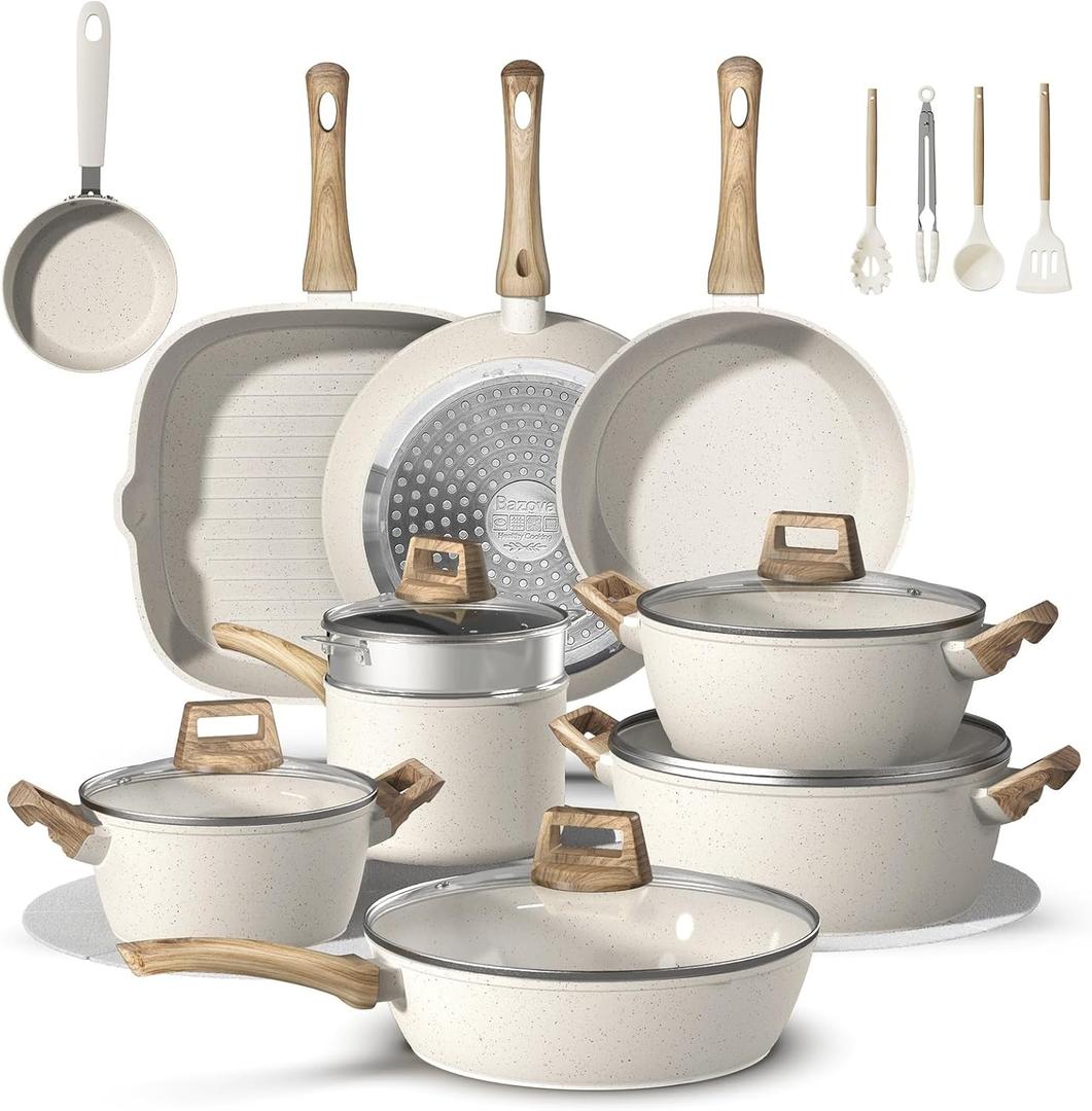 Bazova 25Pcs Pots and Pans Set Non Stick, Titanium-Reinforced Ceramic Cookware Set Non Stick, Non Toxic PFAS-Free Induction Ready, Long-Lasting Performance, Full Kitchen Set with 3 Casseroles