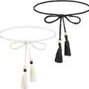Bremorou Elegant Women's Rope Belt With Tassel White Rope Belt Macrame Belts For Women Braided Waist Tie Trendy Boho Thin Belts（White,Black）