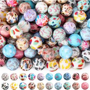 Ferreve 120 Pcs 15mm Silicone Beads Bulk Silicone Beads Print Rubber DIY Bracelet Making Kit for Keychain Making Pens Necklace Jewelry(Lovely)