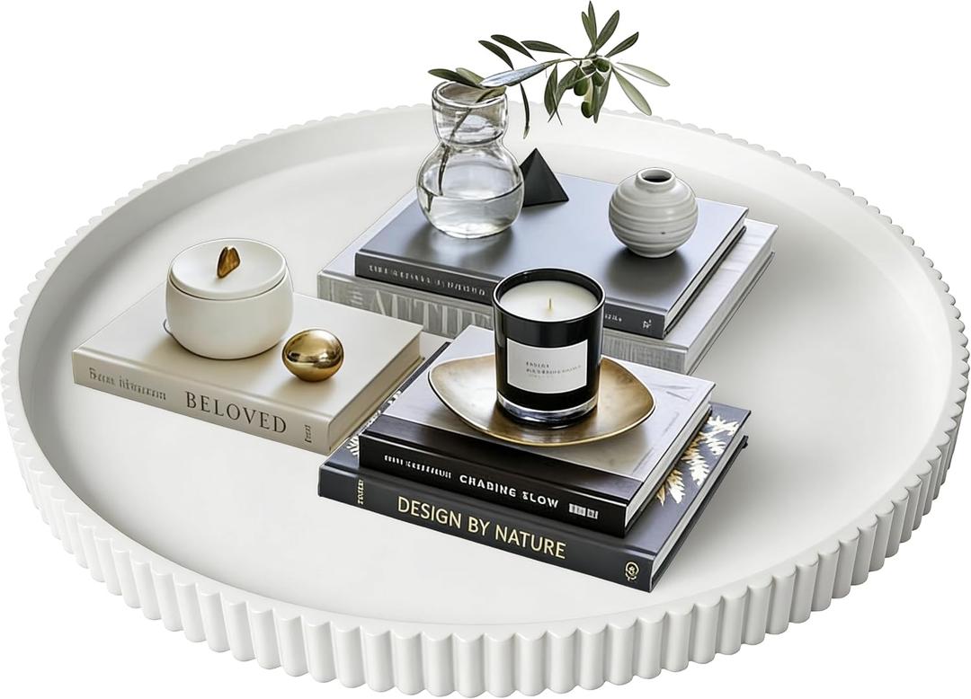 Gurfuy 24" Round Extra Large Ottoman Serving Tray - Rustic Wooden Table Tray for Farmhouse Decorative Oversized Coffee Table Trays Living Room Kitchen Counter Breakfast White
