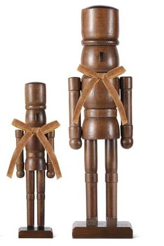 2 Pack Christmas Nutcracker Figures with Velvet Bow 12'' 10'' 8'' Brown Wooden Nutcracker Soldiers Traditional Christmas Decorations Classic Holiday Ornament for Mantel, Tabletop & Xmas Home Decor
