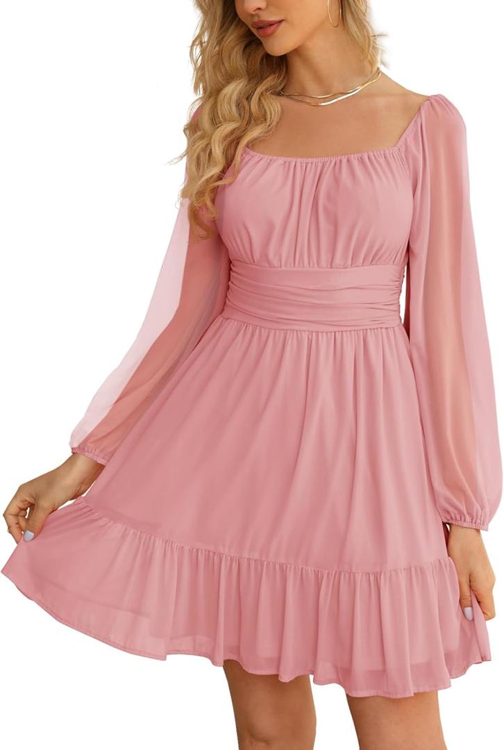 Wenrine Women's Mesh Long Sleeve Square Neck Dress High Waist A Line Ruffle Hem Flowy Casual Party Mini Dress (Pink) XL