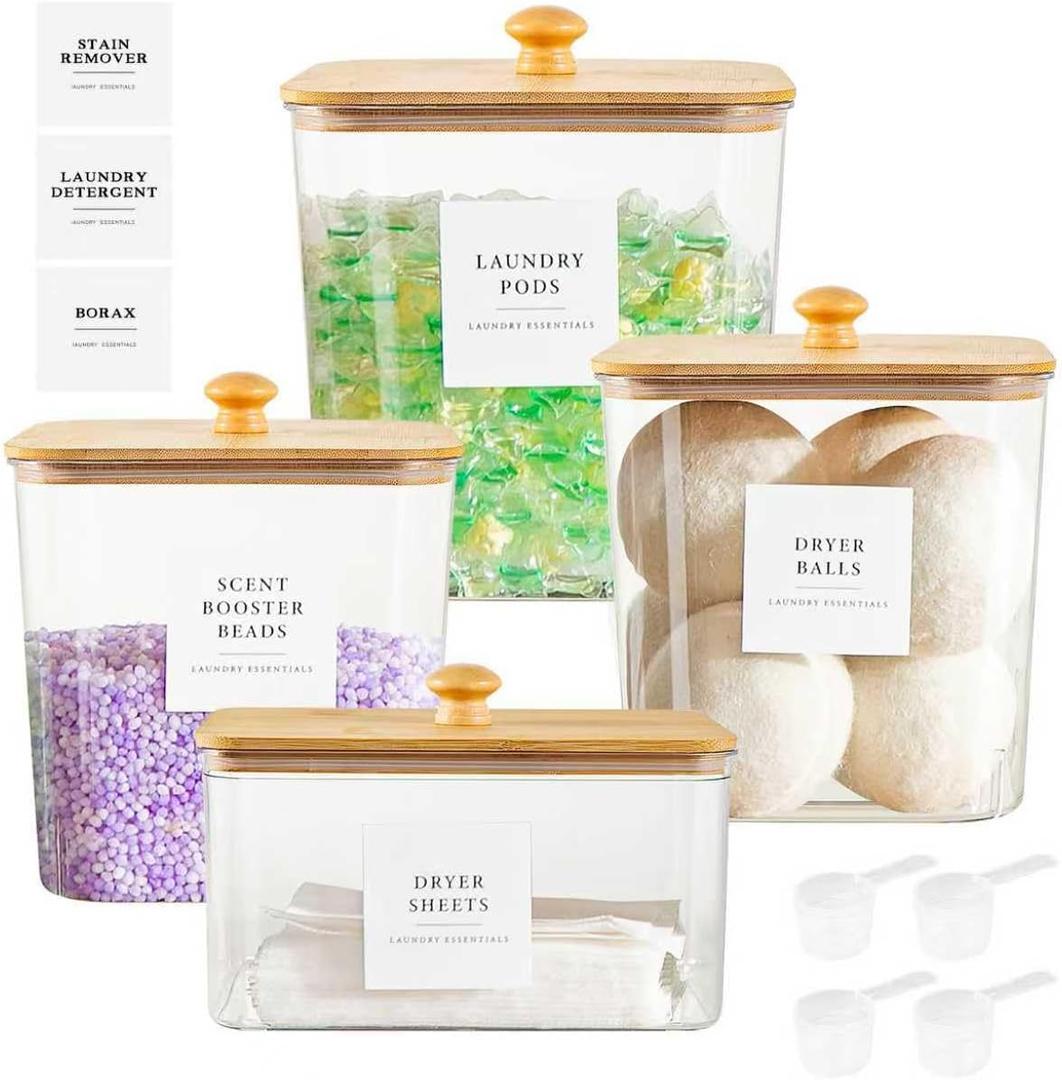 Acrylic Laundry Room Storage Container Set of 4, Clear Laundry Detergent Organizer Containers with Wooden Lids & Labels & Spoons, Laundry Pods Holder for Powder, Scent Booster