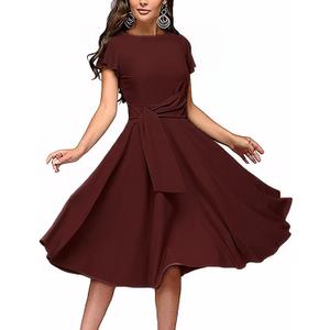 FENJAR Womens Elegance Audrey Hepburn Style Ruched Short Ruffle Sleeve Casual Swing A-line Dress(R-Wine-XXL) (XXL)