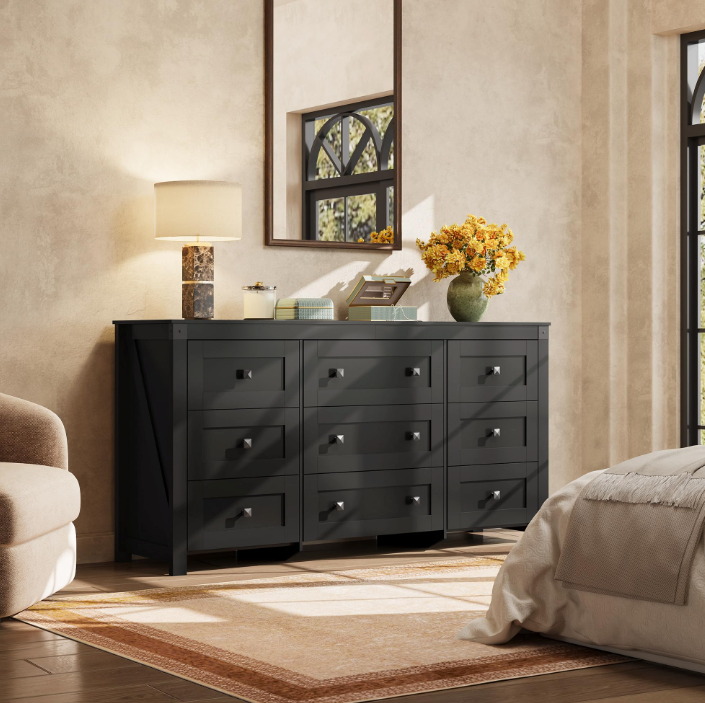 WLIVE Farmhouse Dresser for Bedroom, 63" Wide 9 Drawer Dresser Storage Organizer, Wood Chest of Drawers for Bedroom, TV Stand for 70 inch TV, for Living Room, Hallway, Ball Bearing Slide (Black)