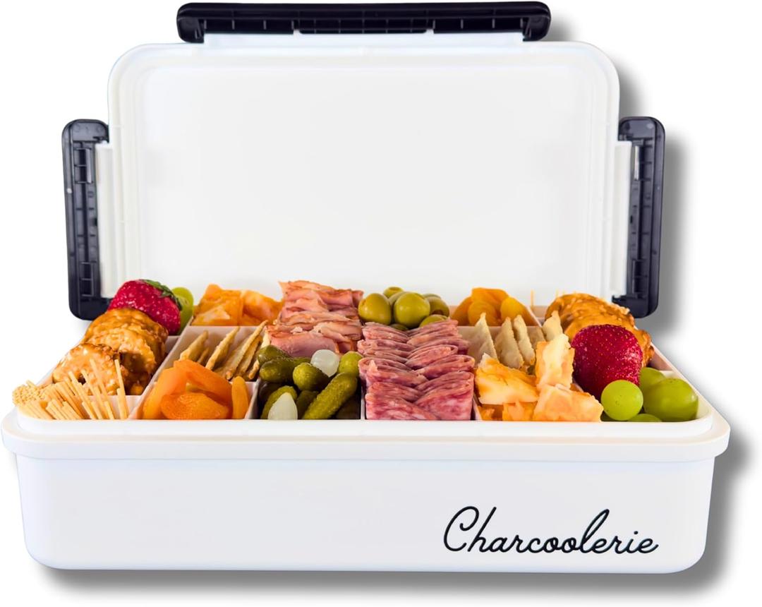Charcoolerie Chilled Snackle Box, Divided Serving Tray, with Ice Pack and Bonus Insulated Carry Bag, with Leak-Resistant 4-Latch Lid, 16 Compartments, Keeps Snacks Cold for Hours, Gift-Ready Packaging