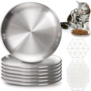 SOUJOY 6 Pieces Stainless Steel Cat Bowl, 6.7'' Shallow Cat Food Plate with Non-Slip Mat, 10 oz Whisker Friendly Wide Pet Dish for Cat and Small Pet to Prevent Whisker Fatigue