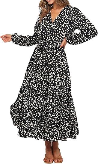 R.Vivimos Women's Fall Long Sleeve Casual Dresses Wrap V Neck Polka Dots Tiered Ruffle Flowy Midi Dress with Belt, Medium