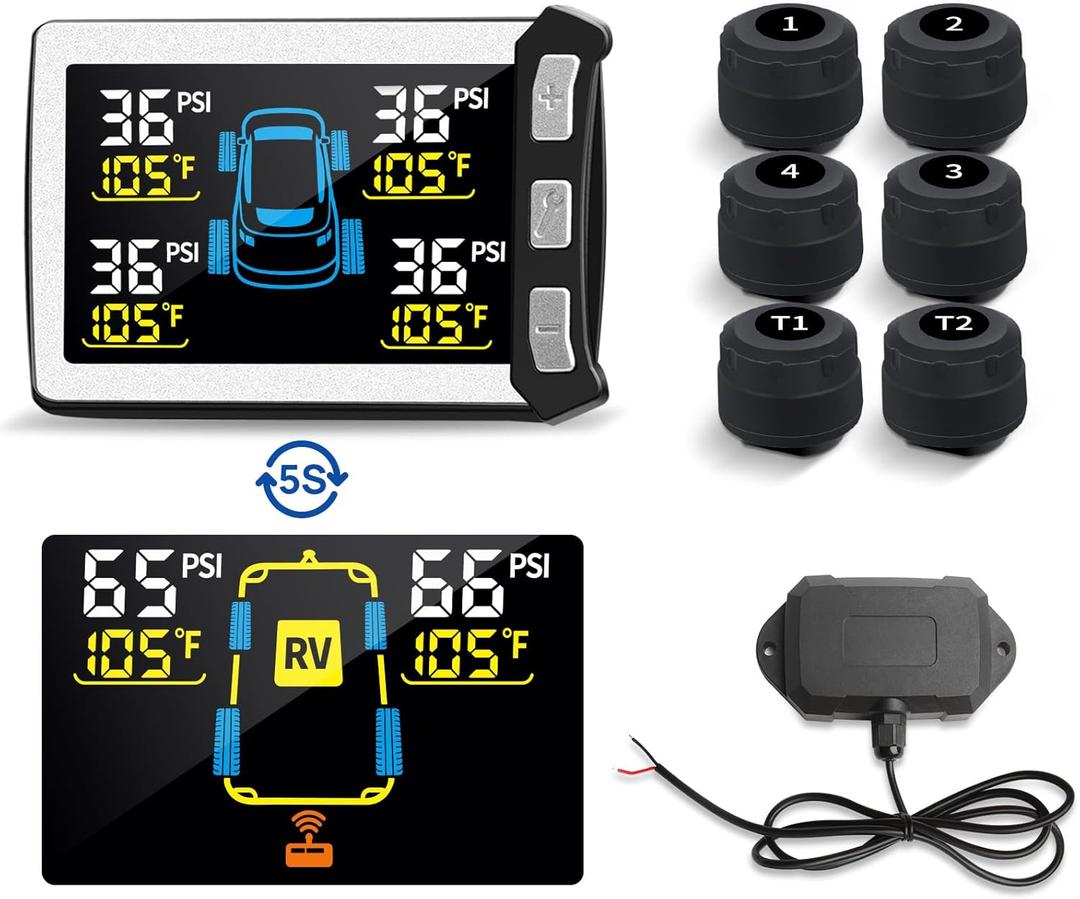 Masoll RV/ Trailer Tire Pressure Monitoring System, Tire Pressure Monitor with Color LCD Display, TPMS with 6 Sensors for Travel Trailer/ 5th Wheel/ Camper, 0-87PSI with 120ft Transmission Distance