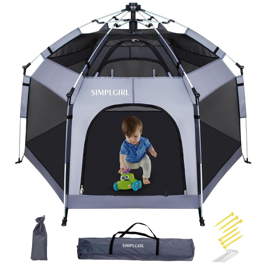 Premium Indoor and Outdoor Baby Playpen - Portable, Lightweight, Pop Up Pack and Play Toddler Play Yard w/Canopy and Travel Bag- Grey