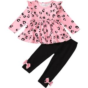 Baby Girl Clothes Toddler Girl Fall Outfits Ruffle Long Sleeve Floral Shirt Tops Winter Leggings Pants Clothing Set (3-4T, Pink Black)
