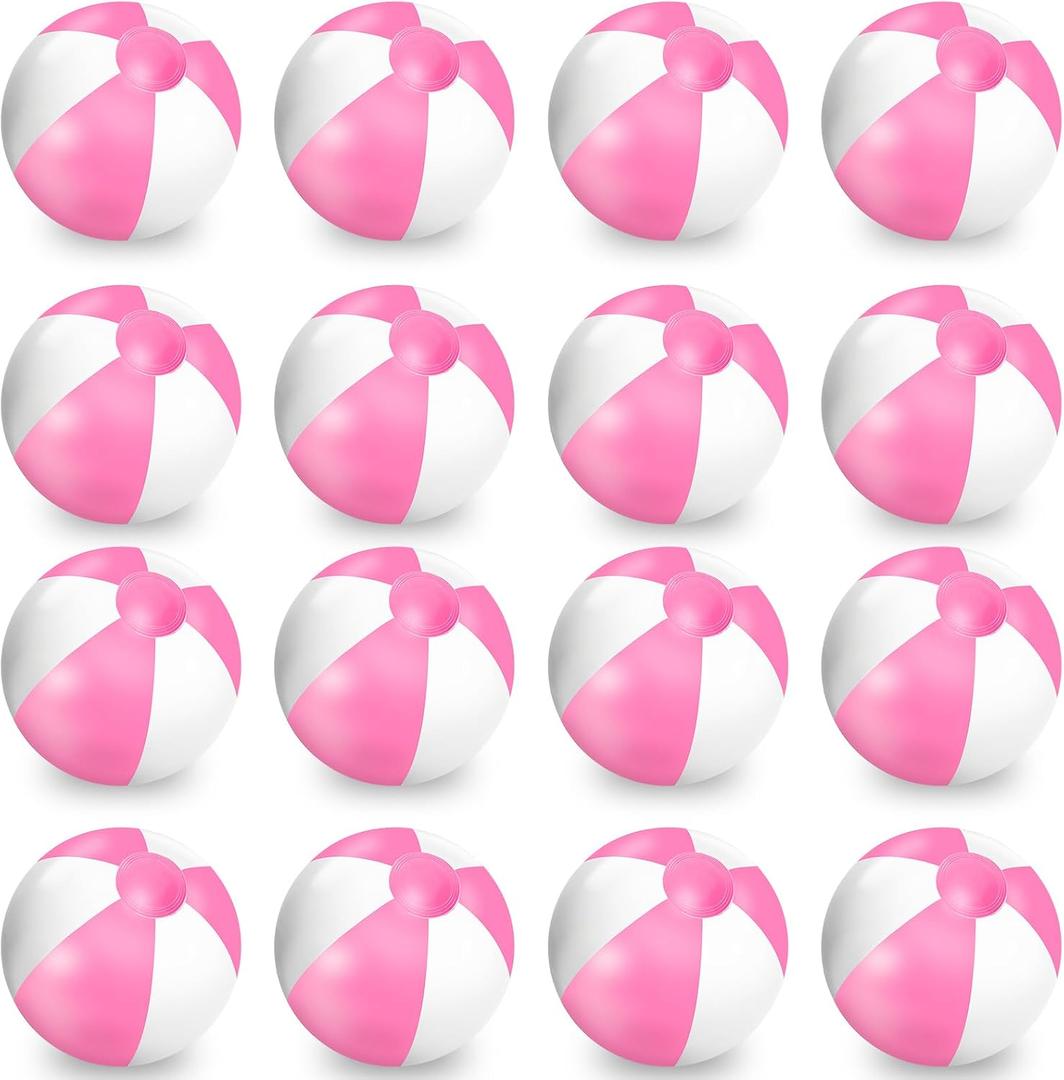 Whaline 16 Pcs 16'' Pink and White Inflatable Beach Ball Round Pool PVC Balls Cute Game Toys for Summer Hawaiian Tropical Theme Beach Party Decorations Water Sand Game Accessory