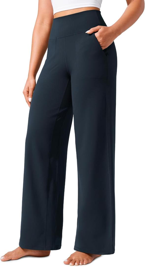 CRZ YOGA Butterlift Wide Leg Pants Pockets 31" - High Waisted Yoga Lounge Buttery Soft Comfy Casual Womens True Navy Large