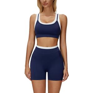ABOCIW Womens Layerd Workout Sets Square Neck Sports Bra Tummy Control High Waist Biker Shorts Yoga Pilates Outfits, Size: 6-8