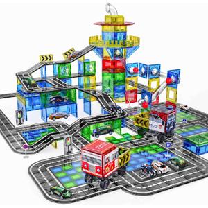 150PCS Magnetic Tiles Road Set with Marble Run, Preschool Magnet Tiles Included Magnetic Cars. STEM Magnetic Tiles for Kids, Preschool Educational Building Toys for Boys & Girls