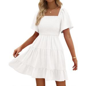 BTFBM Womens Summer Smocked Mini Dress Spring Square Neck Flutter Sleeve Casual Ruffle Swing Boho Beach Dresses Pockets (Large, White)