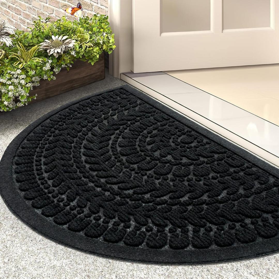 RORA Half Circle Door Mat Front Door Mat Outside Entrance Black Welcome Mats Indoor Outdoor Semicircular Doormat for Outdoor Half Round Door Mats for Garage Muddy Paws 17x30