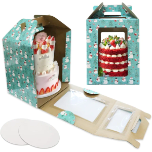 Tall Cake Box with Windows 10x10x12 Inch, 2 Pack Christmas Tiered Cake Boxes with Cake Boards,Tiered Cake Carrier Container with Handle for Wedding,Birthday,Party,Bakery Supplies (Blue)