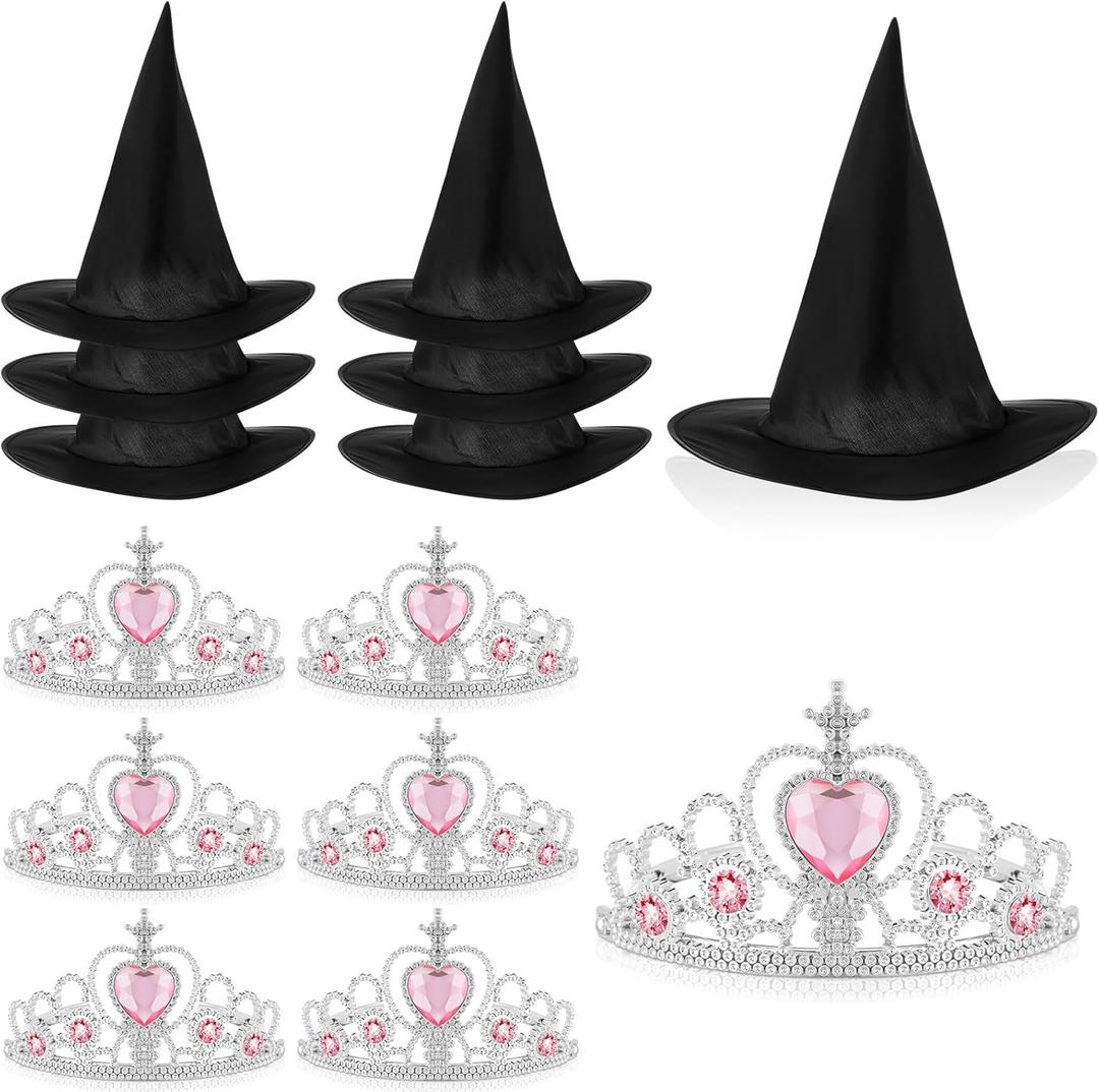 Tarpop 12 Pcs Halloween Witch Hat and Princess Crown Set, Queen Crown and Wizard Hat for Pink Green Birthday Party Decoration