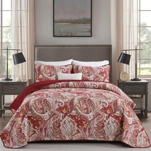 DJY Red Gold Paisley Quilt Set King Size Boho Bedspread Coverlet Set 5 Pieces, Vintage Paisley Floral Pattern Lightweight Microfiber Bedding Set with Pillowcases for All Season