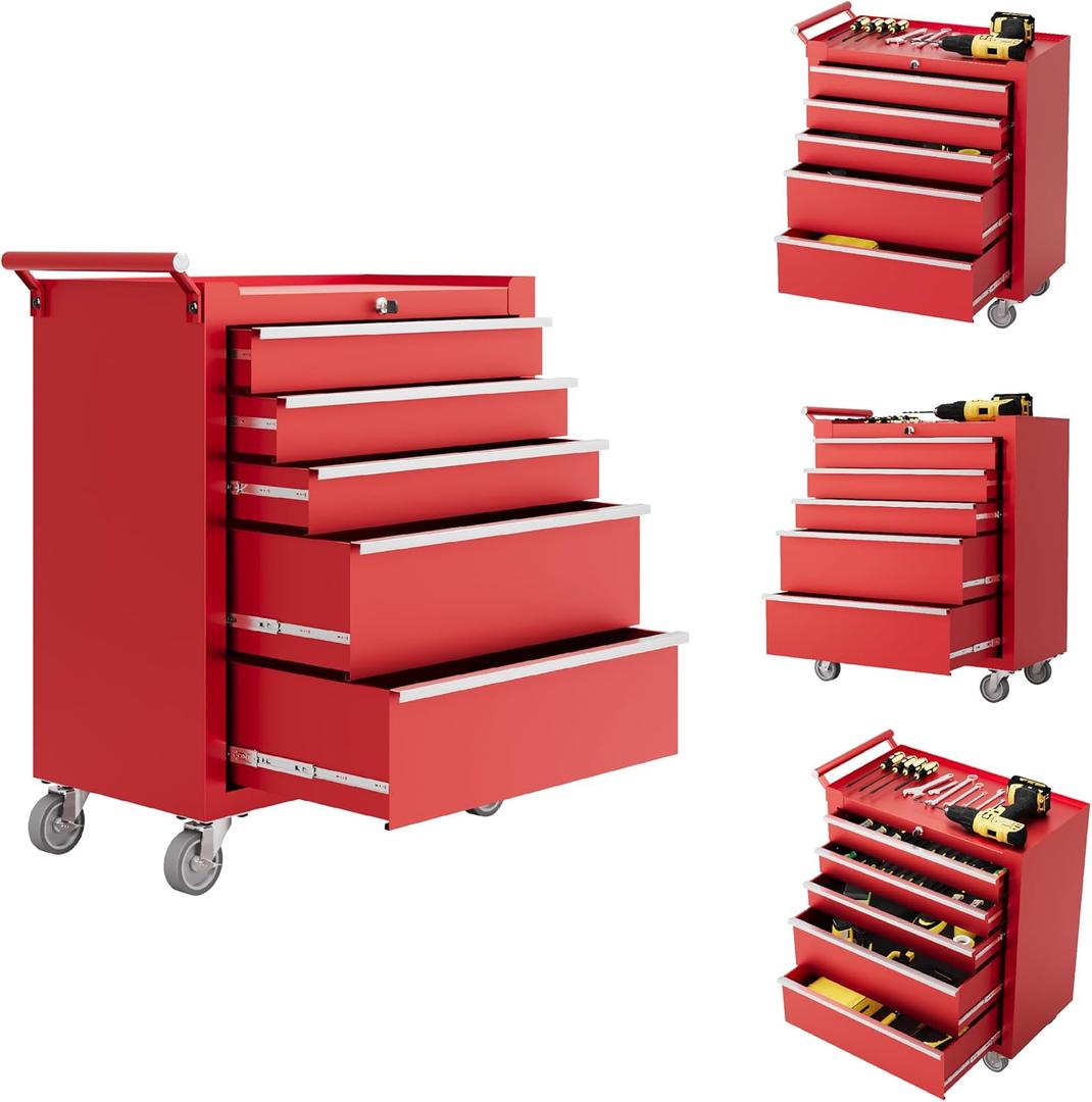 Rolling Tool Chest with Wheels, 5 Drawer Tool Storage Cabinet, Portable Toolbox Organizer with Lock, Heavy Duty Tool Chest Cart for Garage, Mechanic, Workshop, Shop, Mobile Tool Organizer, Red