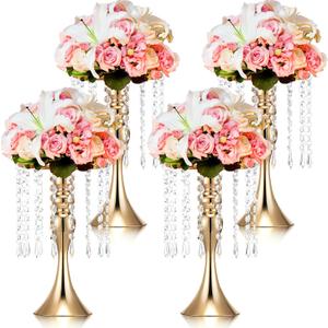 Unittype 4 Pcs Wedding Centerpieces for Tables 13 Inch Tall Crystal Flower Stand Floral Vases for Tabletop Flower Arrangement Stand Valentines Gift Anniversary Baptism Party Reception Decor (Gold)