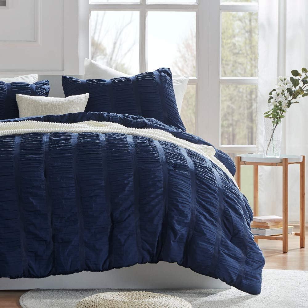 SLEEP ZONE Luxury Seersucker Queen Comforter Set 3-Piece, Soft & Lightweight Down Alternative Comforter Set with Pillow Sham Cooling for Summer, Navy