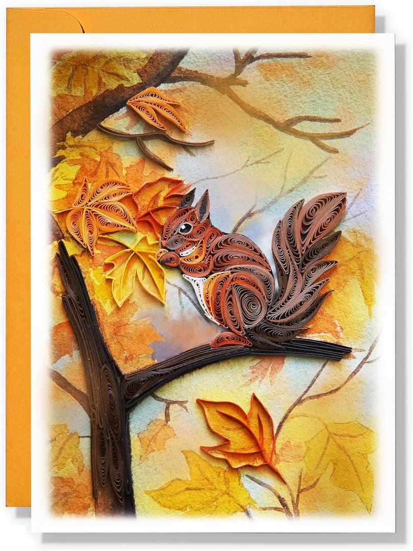 Seasonal Greeting Card - Cute Quilling Quilled Card For Mom, Mother, Wife, Grandma, Birthday, Spring, Summer, Winter, Autumn (Squirrel)