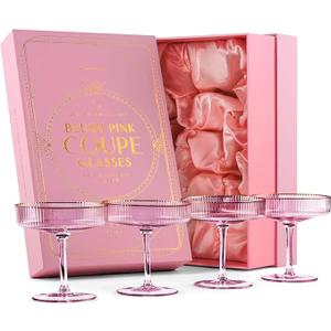 GLASSIQUE CADEAU Vintage Art Deco Blush Pink Coupe Glasses with Gold Rims | Set of 4 | 7 oz Crystal Ribbed Cocktail Glassware for Drinking Champagne, Martini, Cosmopolitan | Girly Speakeasy Saucers