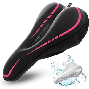 RONUX Narrow Gel Bike Seat Cushion - Extra Soft Comfy Bicycle Seat Cover - [ Extra Memory Foam & Gel ] for Peloton Bike, Stationary, Exercise, Electric, Road & Mountain Bikes - Women & Men Pink