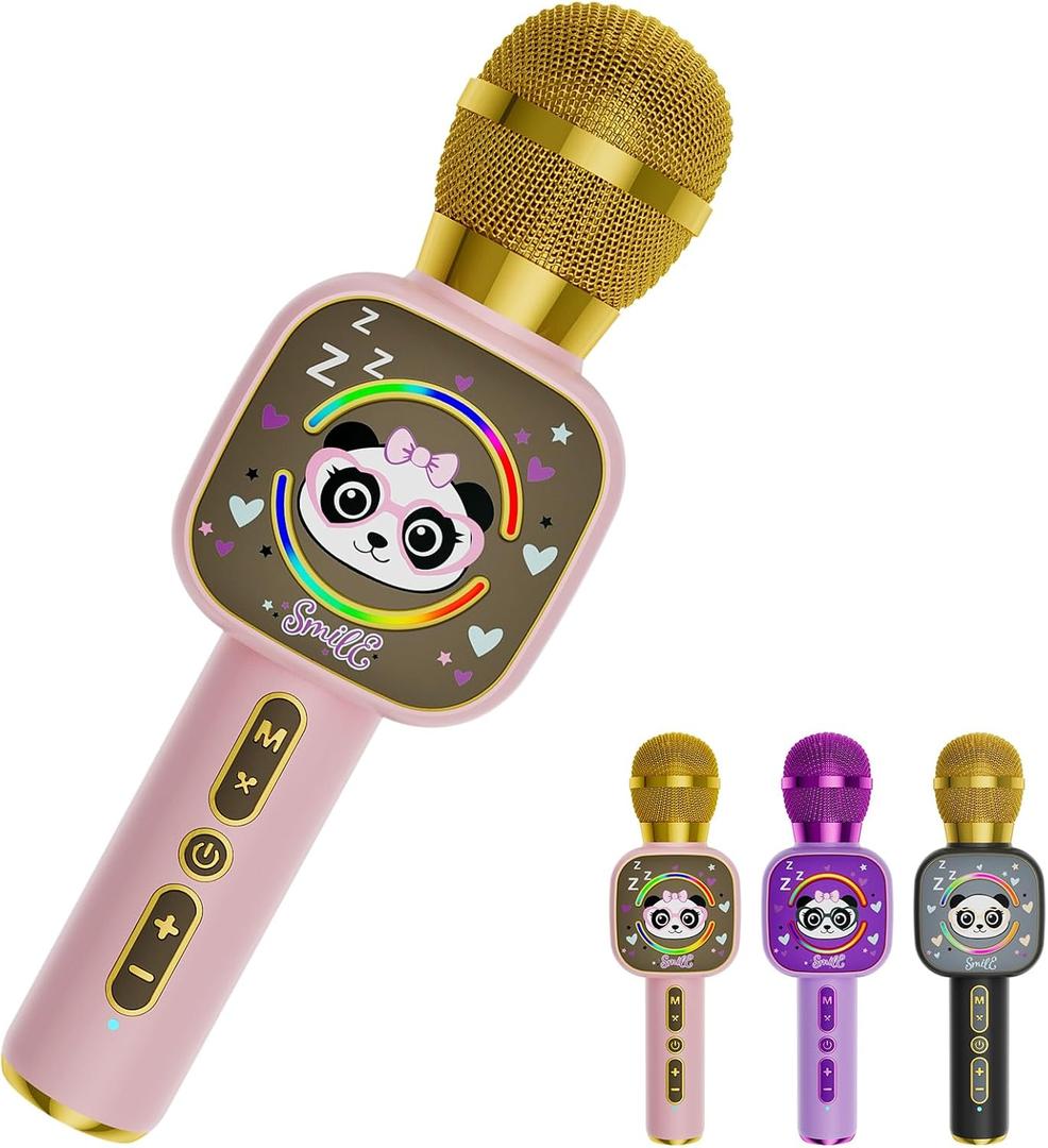 Bluetooth Karaoke Microphone Toy for Kids - Mini Portable Speaker with LED Lights, Wireless Pairing (TWS) for Duet Singing, Christmas Birthday Gift Toys for Boys & Girls Ages 2-12 (Pink - 1)