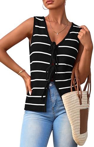 NALANISA Women's 2025 Summer Trendy Tank Tops Crochet Knit V Neck Sleeveless Tie Front Striped Sweater Vests Beach Outfits, Size: M