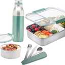 Eco-friendly Bento 8-Piece Lunch Kit - Sage color - Box with 3 compartments, Snack Box, 16.9 fl oz Bottle, 3 piece Cutlery