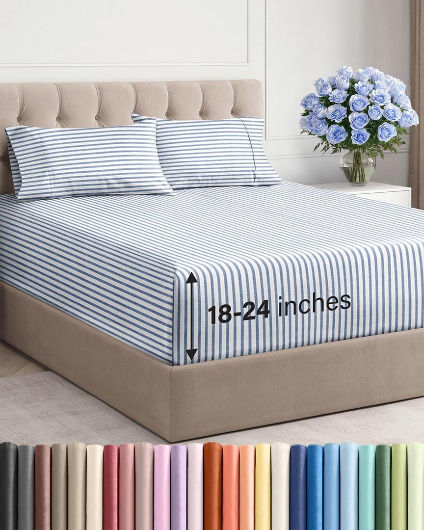 Extra Deep Twin Sheet Set - 4 Piece Breathable and Cooling Sheets - Hotel Luxury Bedding for Women, Men, Kids & Teens - Easy & Secure Fit - Soft and Wrinkle Free - Extra Deep Pockets - Blue Stripes