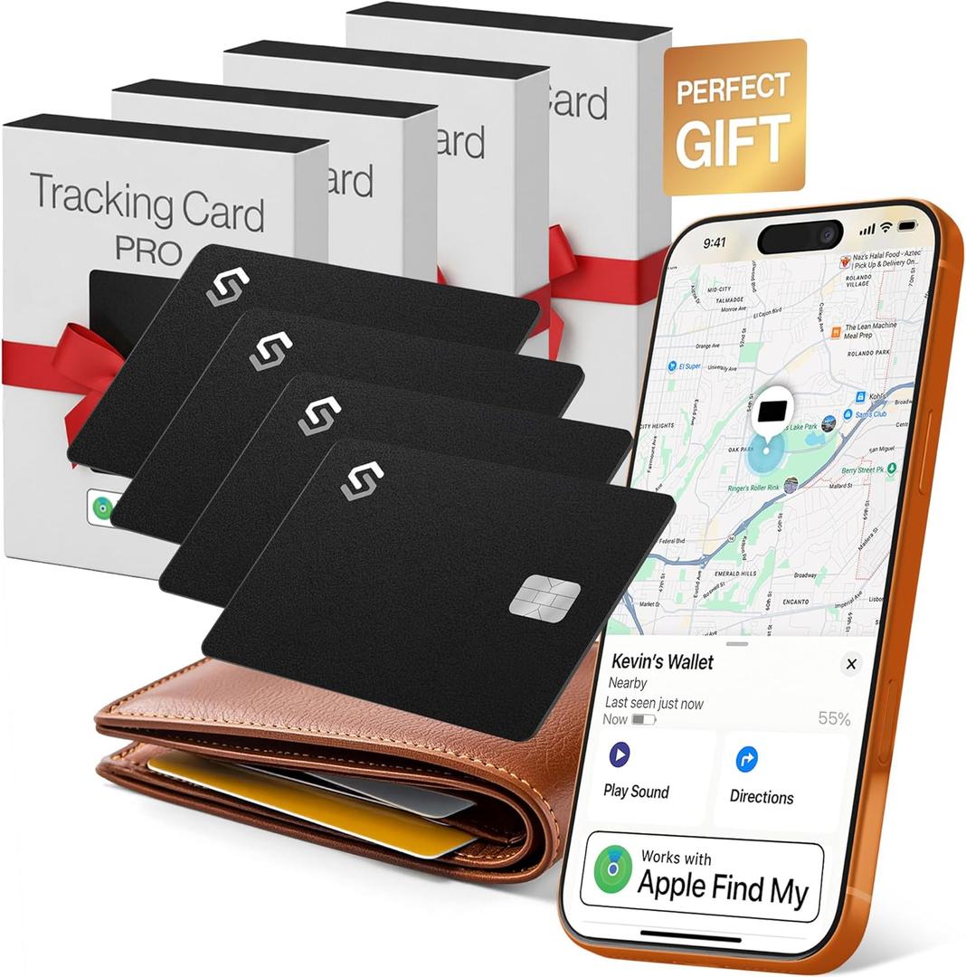 SPOTMINDERS Apple MFi Certified Credit Card Wallet Tracker PRO 4-Pack (iOS Only) Works with Apple Find My Rechargeable Tracking Card for Wallet IP68 0.07in Slim iPhone Item Finder for Luggage or Purse