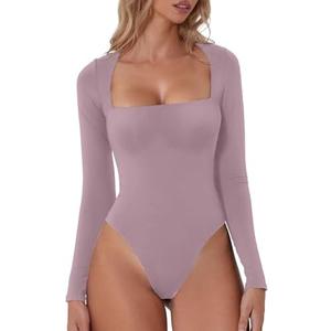 QINSEN Women's Sexy Square Neck Bodysuit Long Sleeve Double Lined Shirt Tops, XS