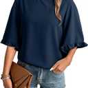 EVALESS Summer Outfits for Women Crewneck Bell Sleeve Tops with Ruffled Trim Cute Shirts Casual Loose Fit 2025 (Large, Dark Blue)