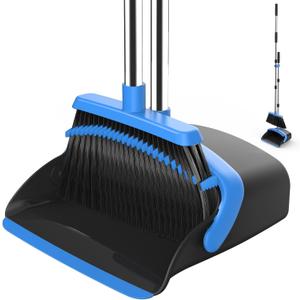 NACENA Broom and Dustpan Set, 52-in Long Adjustable Handle Broom Dustpan Combo with Dustpan Teeth to Automatically Clean Hair Suitable for Home Kitchen Office Hall FloorBlack&Blue