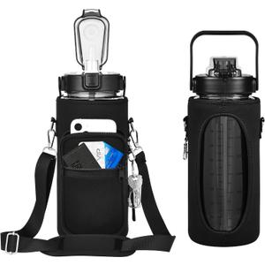RYI Half Gallon Water Bottle with Sleeve & Strap 64 OZ Motivational Water Bottles with Straw Large Wide Mouth Water Jug with Time Marker for Fitness, Gym and Outdoor Sports, Leak-proof & BPA Free