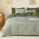 Wake In Cloud - Striped Comforter Set, Ticking Stripe Vertical Pinstripe Neutral Farmhouse Pattern Printed, Soft Lightweight Bedding, 3 Pieces, Olive Green White, Queen Size