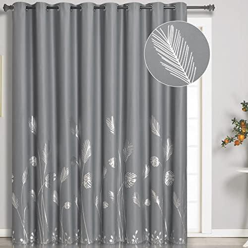 Estelar Textiler Extra Wide Blackout Curtain 120W x 96L Inch Long Silver Palm Tree Curtain Energy Saving Curtain Light Blocking Window Drape for Sliding Door, 10ft Wide x 8ft Long,1 Panel