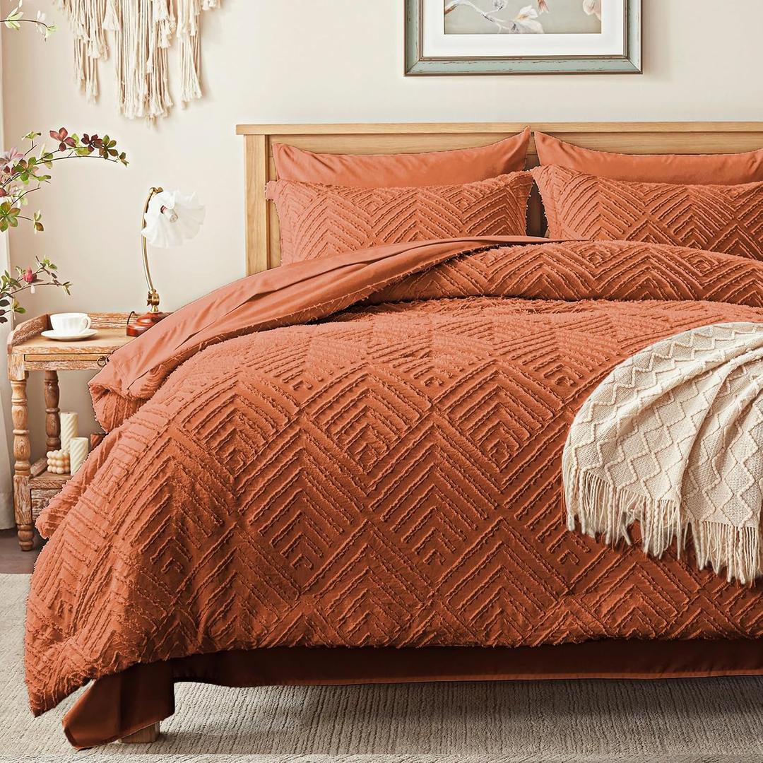 Zzlpp King Comforter Set 7 Pieces, Burnt Orange Tufted Bed in a Bag with Comforter, Pillow Shams, Pillowcases, Flat Sheet, Fitted Sheet