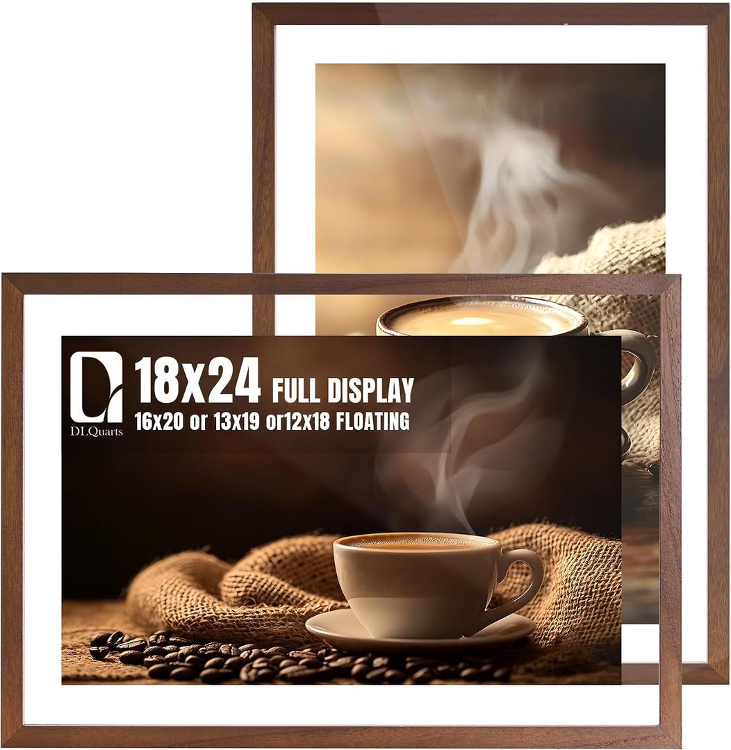DLQuarts 18x24 Floating Picture Frame for 16x20/13x19/12x18/11x14 Photos, 2-Pack Solid Wood Double Plexiglass Wall Art Frames, Any Size Photo up to 18x24 Display, Dark Walnut