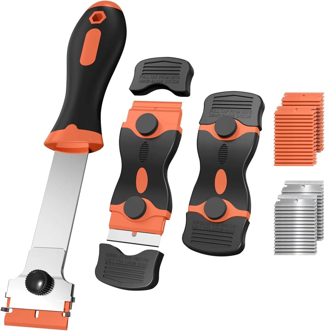 3 Pack Razor Blade Scraper Set, Includes 30 Plastic & 30 Metal Blades, Multi-Purpose Tool for Glass, Cooktop, Sticker Removal, Paint & Gum Cleaning (Orange)