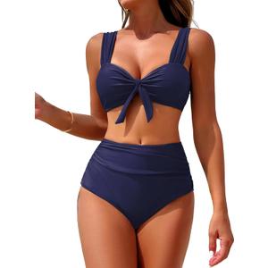ZAFUL High Waisted Bikini Sets for Women Swim Suits 2025 Tummy Control Ruched Bikini Two Piece Bathing Suit Swimwear (Small, Dark Blue)