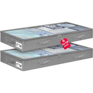 Punemi 5 Inches High Low Profile Under Bed Storage Containers, No-Structure,Soft Fabric Zippered Underbed Storage Bins for Clothes and Blankets Fits Under Crib, Couch or Dorm Bed,2-Pack,Grey