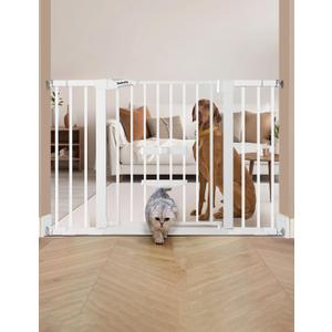 BABELIO 29-48" Extra Wide Baby Gate with Cat Door,Auto Close Metal Pet Door for Stairs, Doorways, House, Pressure/Hardware Mounted, Easy Walk Thru, White
