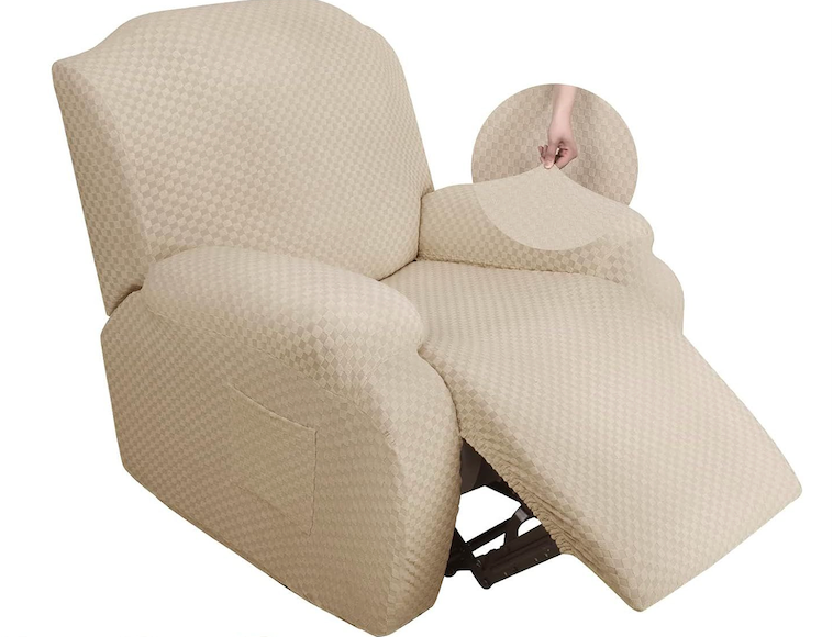 YEMYHOM 4 Pieces Stretch Recliner Slipcover Latest Jacquard Recliner Chair Cover with Side Pocket Anti-Slip Fitted Recliner Cover Couch Furniture Protector with Elastic Bottom (Recliner, Beige) (1 Seater)